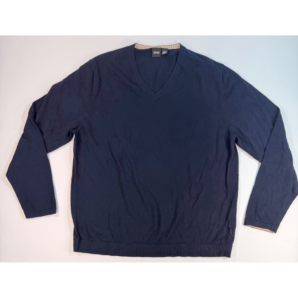 Hugo Boss Mens XL Navy Blue V-Neck Knit Sweater Contrast Trim Long Sleeve